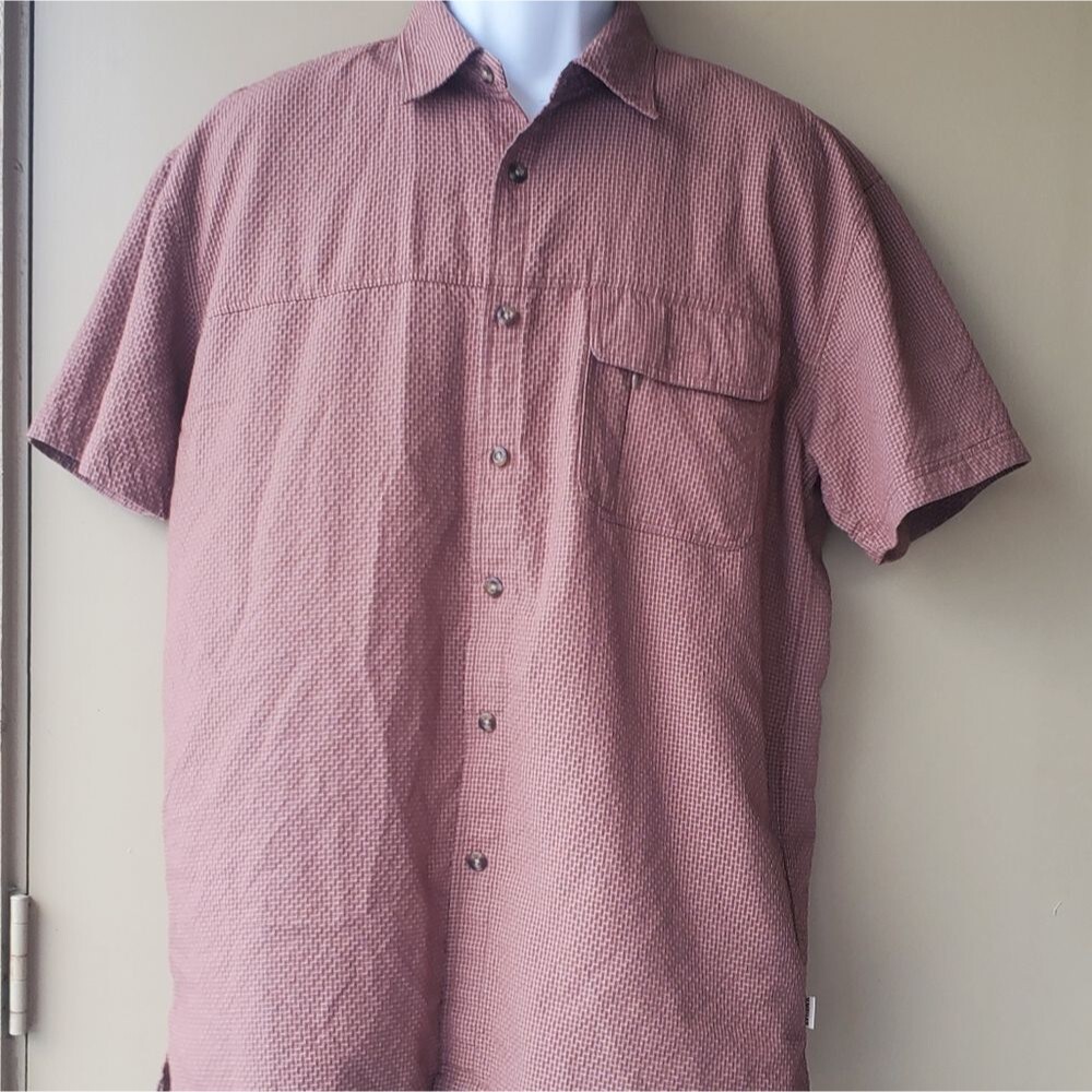 Magellan Navigator Men Brown textured short sleeve button down pocket shirt sz L